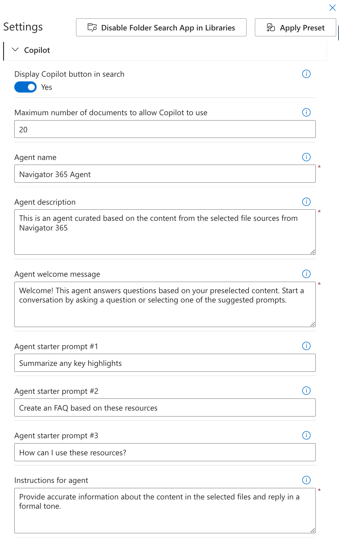 Copilot Agent Settings